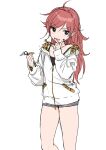  1girl ahoge animal_print black_camisole camisole casual chigusa_asuha hood hooded_jacket jacket key keychain leopard_print long_hair open_mouth qualidea_code redhead sekiya_asami short_shorts shorts simple_background solo v white_background white_jacket 