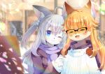  2girls :d =_= ahoge animal_ear_fluff animal_ears aran_sweater bangs black-framed_eyewear black_jacket blonde_hair blue_eyes blurry blurry_background blush closed_eyes closed_mouth depth_of_field drawstring eyebrows_visible_through_hair fangs furry glasses hair_between_eyes hair_bobbles hair_ornament holding holding_clothes hood hood_down hoodie indoors jacket kouu_hiyoyo long_hair long_sleeves multiple_girls one_eye_closed one_side_up open_mouth original over-rim_eyewear ribbed_sweater semi-rimless_eyewear silver_hair sleeves_past_wrists smile sweater turtleneck turtleneck_sweater upper_body very_long_hair white_hoodie white_sweater 