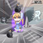  1girl arms_up bare_shoulders blonde_hair blue_dress bomb chibi clothing_cutout copyright_name detached_sleeves dress heart_cutout holding holding_bomb monikano rta-chan rta_in_japan spike stairs twintails violet_eyes weight white_legwear 