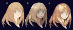  1girl bangs blonde_hair blue_eyes close-up commentary_request dark_background eyebrows_visible_through_hair green_eyes hair_between_eyes heterochromia highres korean_commentary lips long_hair looking_at_viewer multiple_views original parted_lips pigeon666 simple_background 