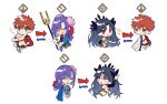  1boy 2girls black_hair blush brown_eyes chibi closed_eyes emiya_shirou fate/grand_order fate_(series) flower flying_sweatdrops gameplay_mechanics gloom_(expression) highres ishtar_(fate)_(all) ishtar_(fate/grand_order) limited/zero_over matou_sakura mebaru multiple_girls parvati_(fate/grand_order) purple_hair red_eyes redhead scared sengo_muramasa_(fate) simple_background smile sparkle sweatdrop upper_body white_background 