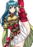  1girl aqua_eyes aqua_hair armor bangs blush boots breastplate cape eirika_(fire_emblem) fingerless_gloves fire_emblem fire_emblem:_the_sacred_stones fire_emblem_heroes gloves leg_lift long_hair looking_at_viewer maji_(majibomber) shoulder_armor simple_background skirt solo thigh-highs thigh_boots zettai_ryouiki 