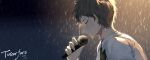  1boy artist_name bangs black_hair brown_hair closed_eyes closed_mouth collared_shirt commentary_request crying dangan_ronpa_(series) dangan_ronpa_2:_goodbye_despair dated from_side highres hinata_hajime holding holding_microphone male_focus microphone necktie open_mouth profile rain shirt short_hair solo tears tuteurfars_shin upper_body upper_teeth water wet wet_clothes wet_hair white_shirt wing_collar 