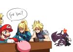 blonde_hair blue_eyes cloud_strife comedy cup english_text facial_hair final_fantasy final_fantasy_vii fire hat kirby kirby_(series) link long_hair mario metroid monster mustache samus_aran sephiroth short_hair super_mario_bros. super_smash_bros. sword the_legend_of_zelda the_legend_of_zelda:_breath_of_the_wild tina_fate weapon white_hair wings zero_suit