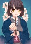  1girl amamiya_chiharu blue_background brown_hair cherry_blossoms collarbone holding holding_paintbrush japanese_clothes kimono original paintbrush smile yellow_eyes 