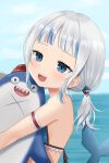  1girl :d absurdres arm_garter bangs bare_shoulders bikini bloop_(gawr_gura) blue_eyes blunt_bangs blurry blurry_background blush breasts clouds clover_(cloversoya) day fish_tail from_side gawr_gura hair_ornament half-closed_eyes highres hololive hololive_english horizon long_hair looking_afar looking_away low_twintails multicolored_hair open_mouth shark_hair_ornament shark_tail sharp_teeth sidelocks silver_hair sky small_breasts smile solo streaked_hair swimsuit symbol_commentary tail teeth twintails water 