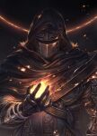  1other ambiguous_gender armor ashen_one_(dark_souls_3) brown_cloak cloak dark_souls dark_souls_iii eclipse embers fire flame full_armor gauntlets hand_up helmet highres hood hood_up hooded_cloak knight maa_tc shoulder_armor simple_background souls_(from_software) visor 