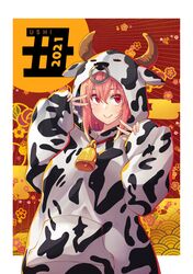  1girl akino_sora animal_ears animal_hood animal_print bangs bell closed_mouth commentary_request cow_ears cow_hood cow_horns cow_print double_w egasumi eyebrows_visible_through_hair fake_animal_ears fake_horns floral_background hair_between_eyes hands_up highres hood hood_up hoodie horns long_sleeves original pinching_sleeves pink_hair print_hoodie puffy_long_sleeves puffy_sleeves red_background red_eyes sleeves_past_wrists smile solo w white_hoodie 