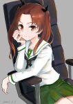  1girl absurdres bangs black_bow black_neckwear blouse bow brown_eyes brown_hair chair closed_mouth commentary dated elbow_rest girls_und_panzer green_skirt hair_bow head_rest highres kadotani_anzu long_hair long_sleeves looking_at_viewer miniskirt neckerchief office_chair ooarai_school_uniform oritako parted_bangs pleated_skirt sailor_collar school_uniform serafuku simple_background sitting skirt smile solo twintails white_blouse white_sailor_collar 