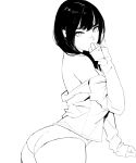  1girl ass bangs bare_shoulders black_hair commentary dongho_kang from_side greyscale hair_between_eyes highres lineart long_sleeves looking_at_viewer looking_to_the_side mole mole_under_eye monochrome off_shoulder original panties shirt simple_background solo underwear upper_body white_background white_shirt 