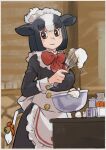  1girl absurdres alternate_costume animal_ears apron back_bow bell black_dress black_hair blush bow bowl bowtie collar commentary_request cooking cow_ears cow_girl cow_tail dress eyebrows_visible_through_hair frilled_apron frilled_collar frills hair_bow hair_bun highres holstein_friesian_cattle_(kemono_friends) kemono_friends kemono_friends_3 long_dress long_sleeves multicolored_hair orange_bow red_neckwear short_hair solo tail tail_bell tail_bow tail_ornament toriny two-tone_hair whipped_cream whisk white_apron 