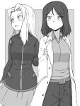  2girls absurdres arm_grab bangs belt casual clara_(girls_und_panzer) closed_eyes coat collared_shirt commentary_request eyebrows_visible_through_hair girls_und_panzer greyscale hand_in_pocket highres jacket long_hair long_sleeves looking_at_another medium_hair miniskirt monochrome multiple_girls nonna_(girls_und_panzer) notice_lines open_clothes open_coat open_mouth outside_border pants partial_commentary pleated_skirt renshiu shirt skirt smile standing swept_bangs 