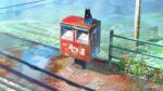  black_cat blurry_foreground cat hachiya_shohei highres original outdoors plant post_office potted_plant power_lines puddle scenery signature stairs water 