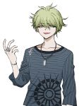  1boy absurdres ahoge amami_rantarou bangs collarbone dangan_ronpa_(series) dangan_ronpa_v3:_killing_harmony ear_piercing earrings eyebrows_visible_through_hair green_eyes green_hair hand_up highres horizontal_stripes jewelry long_sleeves looking_at_viewer male_focus messy_hair necklace no_(xpxz7347) open_mouth piercing shirt short_hair simple_background smile solo striped striped_shirt upper_body white_background 