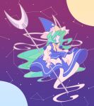  1girl blue_dress bow capelet closed_mouth constellation crescent dress frilled_sleeves frills ghost green_eyes green_hair guuchama hat highres long_hair long_sleeves mima_(touhou) solo staff touhou very_long_hair wavy_hair wizard_hat yellow_bow 