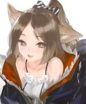  1girl animal_ears arknights bangs blue_bow blue_jacket bow breasts brown_eyes brown_hair dress eyebrows_visible_through_hair eyelashes fox_ears frischenq hair_bow jacket looking_at_viewer medium_hair off_shoulder open_clothes open_jacket open_mouth parted_bangs perfumer_(arknights) ponytail simple_background sleeveless sleeveless_dress small_breasts smile solo striped striped_bow traditional_media upper_body white_background white_dress 
