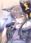  1girl absurdres animal_ear_fluff animal_ears bangs black_gloves blush bow fingerless_gloves fingers_to_mouth fox_ears fox_tail fur girls_frontline gloves grey_hair hair_bow highres hitodama japanese_clothes kemonomimi_mode kimono lips official_alternate_costume scar scar_across_eye sidelocks smile solo sopranino tail ump45_(girls_frontline) yellow_eyes 