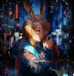 1girl amiya_(arknights) animal_ears arknights artist_name blue_coat blue_eyes brown_hair clenched_teeth coat earpiece frischenq hands_together hooded_coat jewelry long_hair multiple_rings rabbit_ears ring shade signature solo teeth upper_body water_drop 