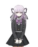  1girl bangs black_jacket black_skirt blunt_bangs bow bowtie braid closed_mouth commentary cowboy_shot dangan_ronpa:_trigger_happy_havoc dangan_ronpa_(series) dangan_ronpa_kirigiri eyebrows_visible_through_hair hair_ribbon highres jacket kirigiri_kyouko long_hair long_sleeves looking_at_viewer no_(xpxz7347) official_alternate_costume own_hands_together pink_bow pleated_skirt ribbon shirt side_braid sideways_glance simple_background skirt solo v_arms violet_eyes white_background 