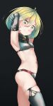  1girl armor arms_behind_head arms_up bangs bikini_armor black_background breasts closed_mouth comah commentary_request eyebrows_visible_through_hair from_side green_eyes green_hair grey_legwear hair_between_eyes highres looking_at_viewer looking_to_the_side navel original short_hair simple_background single_thighhigh skindentation small_breasts smile solo thigh-highs 