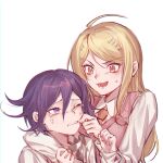  1boy 1girl :d ahoge akamatsu_kaede arm_around_shoulder bangs blonde_hair blush brown_neckwear checkered checkered_scarf cheek_pinching collared_shirt commentary_request crying dangan_ronpa_(series) dangan_ronpa_v3:_killing_harmony eighth_note ewa_(seraphhuiyu) grey_background hair_between_eyes hair_ornament height_difference hetero highres long_hair long_sleeves looking_at_another musical_note musical_note_hair_ornament necktie one_eye_closed open_mouth ouma_kokichi pinching pink_sweater_vest purple_hair scarf shirt simple_background smile sweatdrop sweater_vest tears upper_body violet_eyes white_background white_shirt 