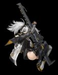  &gt;_&lt; 1girl absurdres arm_up badge bangs black_background boots cape closed_eyes full_body grey_cape grey_footwear gun hair_between_eyes hair_ornament highres holding holding_gun holding_weapon long_sleeves mask mechanical_arms messy_hair mouth_mask original qiongsheng rifle scope silver_hair simple_background sniper_rifle solo thigh-highs twintails weapon 