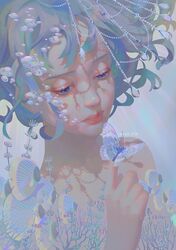  1girl blue_eyes bubble bug butterfly clownfish fish floating_hair gem grey_background insect instagram_username jewelry kun333r original shadow short_hair solo upper_body 