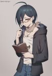  ahoge artist_name bangs belt bespectacled black_hair black_jacket blue_pants book casual collarbone commentary_request contrapposto cowboy_shot dangan_ronpa_(series) dangan_ronpa_v3:_killing_harmony denim earrings ewa_(seraphhuiyu) glasses grey_background hand_up highres holding holding_book hood hood_down jacket jeans jewelry long_sleeves looking_at_viewer necklace open_book open_clothes open_jacket pants parted_lips saihara_shuuichi semi-rimless_eyewear shirt short_hair simple_background solo under-rim_eyewear yellow_eyes 