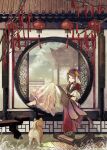  1girl architecture bamboo_scroll barefoot bench blue_eyes braid brown_hair capelet commentary_request dog dress east_asian_architecture grass headdress highres long_hair original red_capelet sitting takeda_hotaru traditional_clothes white_dress wide_shot 