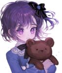  1girl black_bow blue_shirt bow crossed_arms hair_bow holding holding_stuffed_toy looking_at_viewer medea_solon micha purple_hair shirt short_hair solo stuffed_animal stuffed_toy teddy_bear upper_body violet_eyes younger your_throne 