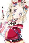  1girl animal_ears black_bow blonde_hair blue_bow blue_hair blue_ribbon blush bow clenched_teeth fox_ears hair_bow hair_ornament hair_stick heart heart_print holding holding_paintbrush hololive ixy long_sleeves looking_at_viewer multicolored_hair omaru_polka paintbrush pink_bow red_bow redhead ribbon short_hair simple_background smile solo star_(symbol) star_print teeth violet_eyes virtual_youtuber white_background yellow_bow 