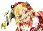  1girl ahoge blonde_hair blue_eyes bow braid buru-dai dutch_angle fake_facial_hair fake_mustache hair_bow hat highres hololive horns japanese_clothes kagami_mochi kimono sheep_horns tsunomaki_watame twin_braids virtual_youtuber 