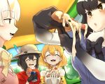  +_+ 4girls :o ^_^ absurdres animal_ears bangs bare_shoulders black_gloves black_hair blonde_hair bow bowtie brown_eyes can cheese closed_eyes common_raccoon_(kemono_friends) day elbow_gloves extra_ears eyebrows_visible_through_hair facing_another fennec_(kemono_friends) food fur_collar gloves hair_between_eyes hat_feather helmet highres holding holding_food holding_pizza indoors kaban_(kemono_friends) kemono_friends kodineun_haengbokhada looking_at_another looking_at_object medium_hair multicolored_hair multiple_girls open_mouth orange_hair parted_bangs pith_helmet pizza pizza_slice serval_(kemono_friends) serval_ears serval_print shirt short_hair short_sleeve_sweater short_sleeves sleeveless sleeveless_shirt smile soda_can sweater two-tone_hair upper_body white_hair |d 