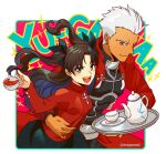  1boy 1girl archer arm_around_waist bangs black_skirt blush brown_hair closed_mouth cup dark_skin dark_skinned_male english_text eyebrows_visible_through_hair fate/grand_order fate/stay_night fate_(series) green_eyes grey_eyes hair_ribbon hair_slicked_back holding holding_cup holding_tray hug jacket laughing long_hair long_sleeves looking_at_viewer mepo_(raven0) open_mouth pink_background pleated_skirt ribbon short_hair simple_background skin_tight skirt smile sparkle sweater tassel tea teacup teapot tohsaka_rin tray twintails two_side_up white_background white_hair 