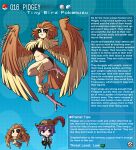  1boy 1girl artist_name bird_legs brown_eyes brown_feathers brown_hair english_text feathered_wings feathers gen_1_pokemon harpy highres kinkymation monster_girl pidgey poke_ball pokemon purple_hair tail tail_feathers talons wings 