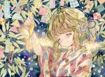  1girl closed_eyes closed_mouth floral_print flower green_hair hair_flower hair_ornament highres japanese_clothes kimono leaf original plaid smile solo star_(symbol) tanabata traditional_media upper_body watercolor_(medium) wide_sleeves yukata yukoring 