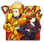 1boy 1girl armor bangs blonde_hair blush breasts brown_eyes brown_hair collarbone crossed_arms earrings english_text fate/extra fate_(series) gesture gilgamesh gold_armor gold_pauldrons hair_slicked_back hime_cut jewelry kishinami_hakuno_(female) long_hair looking_at_viewer mepo_(raven0) open_mouth orange_background pauldrons pleated_skirt red_eyes ribbon school_uniform serafuku shirt short_hair simple_background skirt smile sparkle tsukumihara_academy_uniform_(fate/extra_ccc) uniform villain_pose wavy_hair