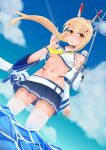  1girl ayanami_(azur_lane) azur_lane bandaid bandaid_on_arm bangs bare_shoulders belt blonde_hair blue_sailor_collar blue_skirt blue_sky blush breasts clouds collarbone commentary_request cowboy_shot crop_top day detached_sleeves dutch_angle eyebrows_visible_through_hair floating_hair groin hair_between_eyes hair_ornament headgear high_ponytail highres long_hair looking_to_the_side midriff navel neckerchief ocean orange_eyes outdoors parted_lips pleated_skirt ponytail retrofit_(azur_lane) rigging sailor_collar searchlight shirt sidelocks skindentation skirt sky sleeveless sleeveless_shirt small_breasts solo standing thigh-highs turret under_boob utsuro_(lyons) v wading white_belt white_legwear white_shirt white_sleeves wide_sleeves yellow_neckwear zettai_ryouiki 
