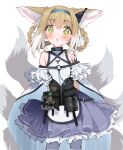  1girl animal_ears arknights arms_behind_back bag black_vest blue_skirt blush braid breasts cowboy_shot earpiece eip_(pepai) eyebrows_visible_through_hair fox_ears fox_tail frilled_shirt frilled_skirt frills green_eyes hair_rings hairband infection_monitor_(arknights) light_brown_hair looking_at_viewer medium_hair multicolored_hair multiple_tails open_mouth oripathy_lesion_(arknights) pantyhose satchel shirt simple_background skirt sleeveless sleeveless_shirt small_breasts solo suzuran_(arknights) tactical_clothes tail twin_braids two-tone_hair vest white_background white_hair white_legwear white_shirt 