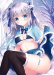  1girl :o bangs bare_tree bikini blue_bikini blue_bow blue_capelet blue_eyes blue_skirt blush bow breasts capelet commentary_request curtains eyebrows_visible_through_hair feet_out_of_frame frilled_bikini frills fur-trimmed_capelet fur-trimmed_legwear fur-trimmed_skirt fur_trim hair_between_eyes hair_bow highres kohinata_hoshimi lifted_by_self long_hair looking_at_viewer medium_breasts no_panties original parted_lips silver_hair sitting skirt skirt_lift snow snowing solo swimsuit thigh-highs tree two_side_up very_long_hair 