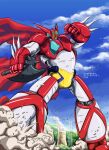  absurdres artist_name axe cape clenched_hand clouds dust english_commentary getter_robo highres holding holding_axe looking_up mecha no_humans science_fiction sharknob shin_getter-1 shin_getter_robo sky solo super_robot utility_pole watermark web_address yellow_eyes 