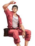  1boy belt black_hair breast_pocket feet_out_of_frame glasses heart highres invisible_chair muscular muscular_male one_eye_closed original pants pink_pants pink_shirt pocket print_shirt rinotuna shirt short_hair simple_background sitting solo white_background white_shirt 