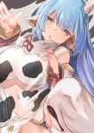  1girl animal_ears animal_print blue_hair breasts cow_ears cow_horns cow_print draph eyebrows_visible_through_hair granblue_fantasy highres horns large_breasts long_hair looking_at_viewer open_mouth shatola_(granblue_fantasy) solo thigh-highs triangle_mouth yellow_eyes yohane 