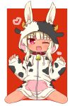  1girl ;d animal_ear_fluff animal_ears animal_hood bangs bell bell_collar blonde_hair chinese_zodiac collar commentary_request cow_ears cow_hood cow_horns ears_through_headwear eyebrows_visible_through_hair fake_animal_ears fake_horns full_body hands_up heart heart-shaped_pupils highres hood hood_up hooded_jacket horns jacket long_hair long_sleeves masurao_(sekaiju) naga_u one_eye_closed open_mouth pinching_sleeves puffy_long_sleeves puffy_sleeves rabbit_ears red_background red_collar red_eyes sekaiju_no_meikyuu sekaiju_no_meikyuu_5 sidelocks sitting sleeves_past_wrists smile solo symbol-shaped_pupils thick_eyebrows two-tone_background wariza white_background white_jacket year_of_the_ox 