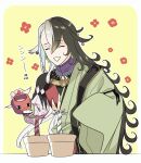  1boy ashiya_douman_(fate) asymmetrical_clothes asymmetrical_hair bell black_eyes black_hair curly_hair demon_pillar_(fate/grand_order) earrings fate/grand_order fate_(series) fingernails flower green_kimono hair_bell hair_between_eyes hair_intakes hair_ornament hinoya japanese_clothes jewelry kimono long_hair magatama magatama_earrings male_focus multicolored_hair open_clothes open_kimono plant red_flower ribbed_sleeves sharp_fingernails smile solo two-tone_hair upper_body very_long_fingernails very_long_hair water watering watering_can white_hair 