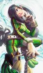  1girl :p absurdres asui_tsuyu black_hair bodysuit boku_no_hero_academia breasts brown_gloves commentary_request eyebrows_visible_through_hair gibagiba gloves green_bodysuit green_eyes helmet highres holding holding_helmet huge_filesize long_hair long_tongue looking_at_viewer medium_breasts solo tongue tongue_out very_long_hair 