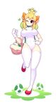  1girl absurdres basket black_eyes blonde_hair breasts closed_mouth egg eyebrows_visible_through_hair fizintine full_body gloves hand_on_hip heart highres holding holding_basket large_breasts leotard super_mario_bros. new_super_mario_bros._u_deluxe one_eye_closed short_hair smile solo super_crown thigh-highs white_gloves white_leotard yoshi 
