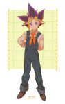  1boy alternate_costume arms_behind_back artist_name bangs brown_footwear closed_mouth collared_shirt commentary_request full_body highres light_blush long_sleeves looking_at_viewer male_focus multicolored_hair mutou_yuugi orange_hair overalls plaid purple_hair shirt shoes sini_sann smile solo spiky_hair standing violet_eyes yu-gi-oh! 