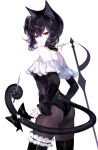  1girl animal_ears artist_name ass bangs bare_shoulders black_hair black_leotard cat_ears cat_tail commentary cowboy_shot highres knife leg_garter leotard long_sleeves looking_at_viewer off_shoulder original pantyhose red_eyes sheya short_hair signature solo standing tail tail_hold 
