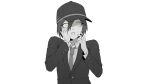  1boy bangs blush collared_shirt commentary_request dangan_ronpa_(series) dangan_ronpa_v3:_killing_harmony ewa_(seraphhuiyu) formal greyscale hair_between_eyes hand_on_own_face hat highres jacket long_sleeves looking_at_viewer male_focus monochrome necktie official_alternate_costume open_mouth saihara_shuuichi shaded_face shirt simple_background solo spot_color star_(symbol) star_print sweatdrop upper_body upper_teeth white_background yellow_eyes 